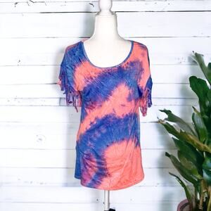 Tie Dye Tassle Short Sleeve Tee Shirt Pink Blue Small